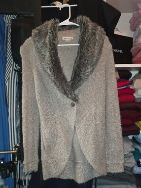 Double Zero Taupe Bouclé Sweater Cardigan with Faux Fur Shawl Collar